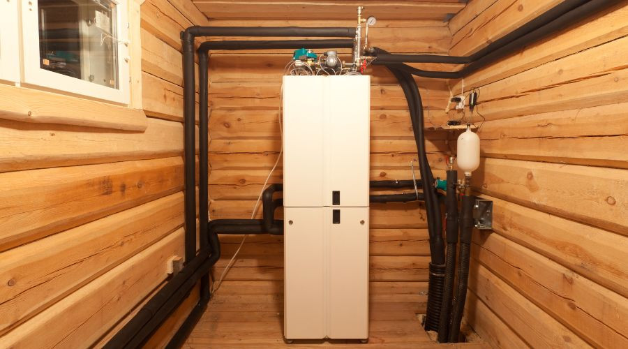 White utility cabinet with organized plumbing and heating equipment, supporting HVAC services by SOS Heating & Cooling.